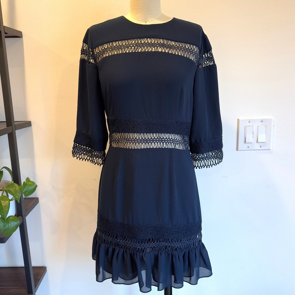 TULAROSA Asher Dress-Deep Indigo Navy Blue-Lace‎ Chiffon Mini-3/4 Sleeve-Size S